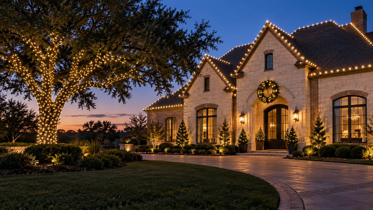 AI-generated illustration of warm-white holiday lights on a Texas-style home and oak tree