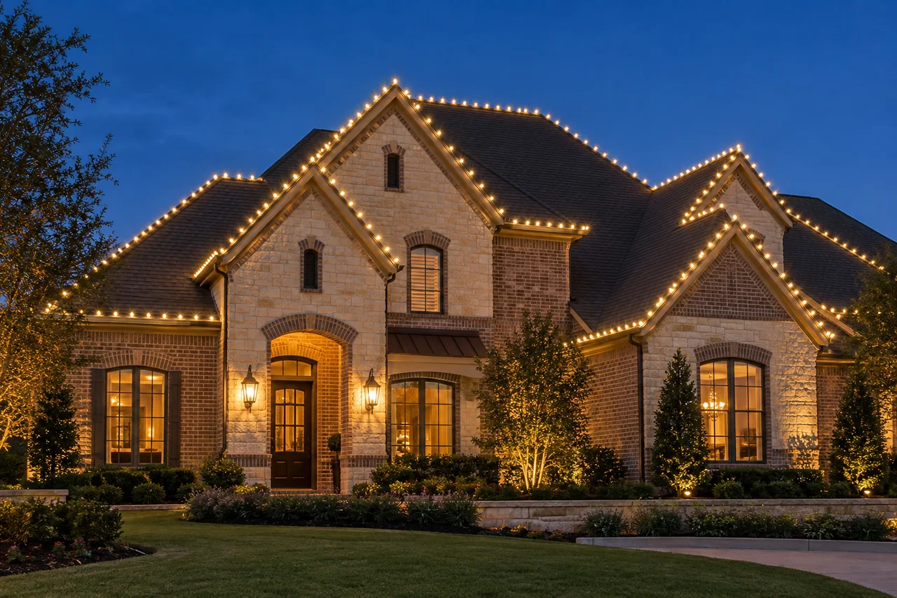 AI-generated illustration of warm-white Christmas lights tracing the roofline and ridges of a stone-and-brick home