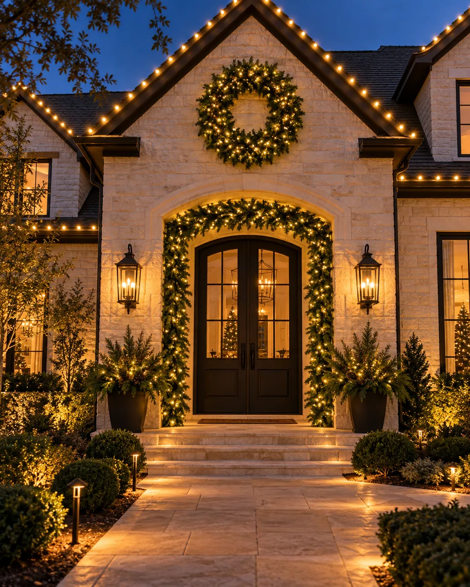 AI-generated illustration of a stone entrance decorated with warm-white lights, wreath and garland