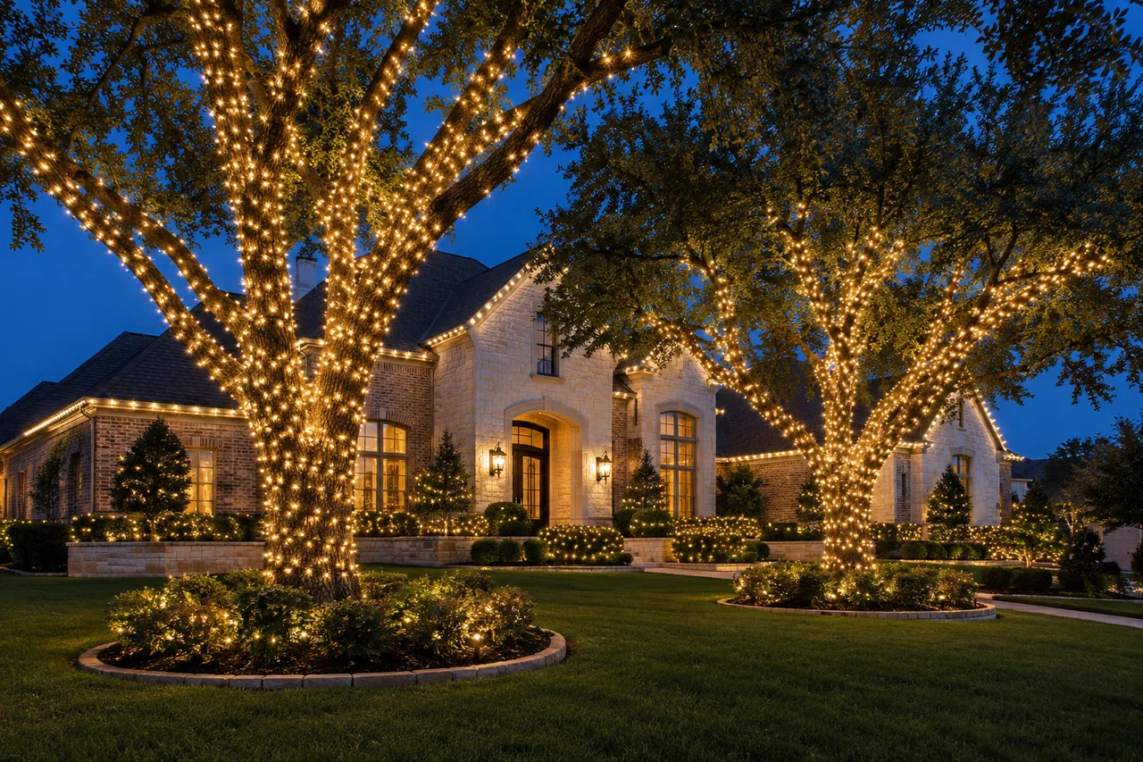 AI-generated illustration of trees and landscaping wrapped in warm-white Christmas lights