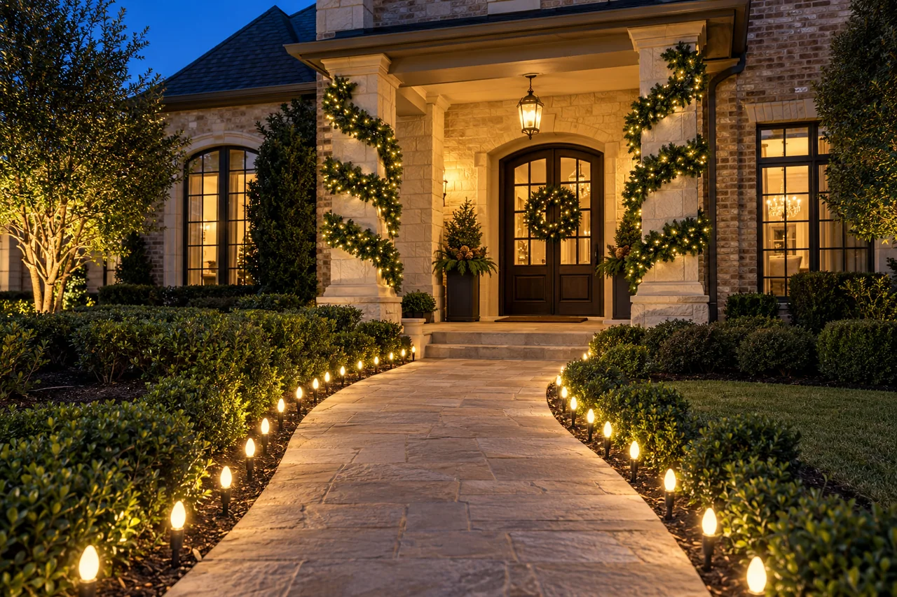 AI-generated illustration of a lighted walkway leading to garland-wrapped porch columns