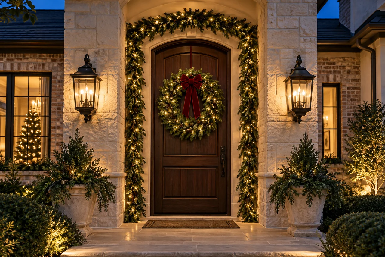 AI-generated illustration of a front entrance decorated with a lighted wreath and garland