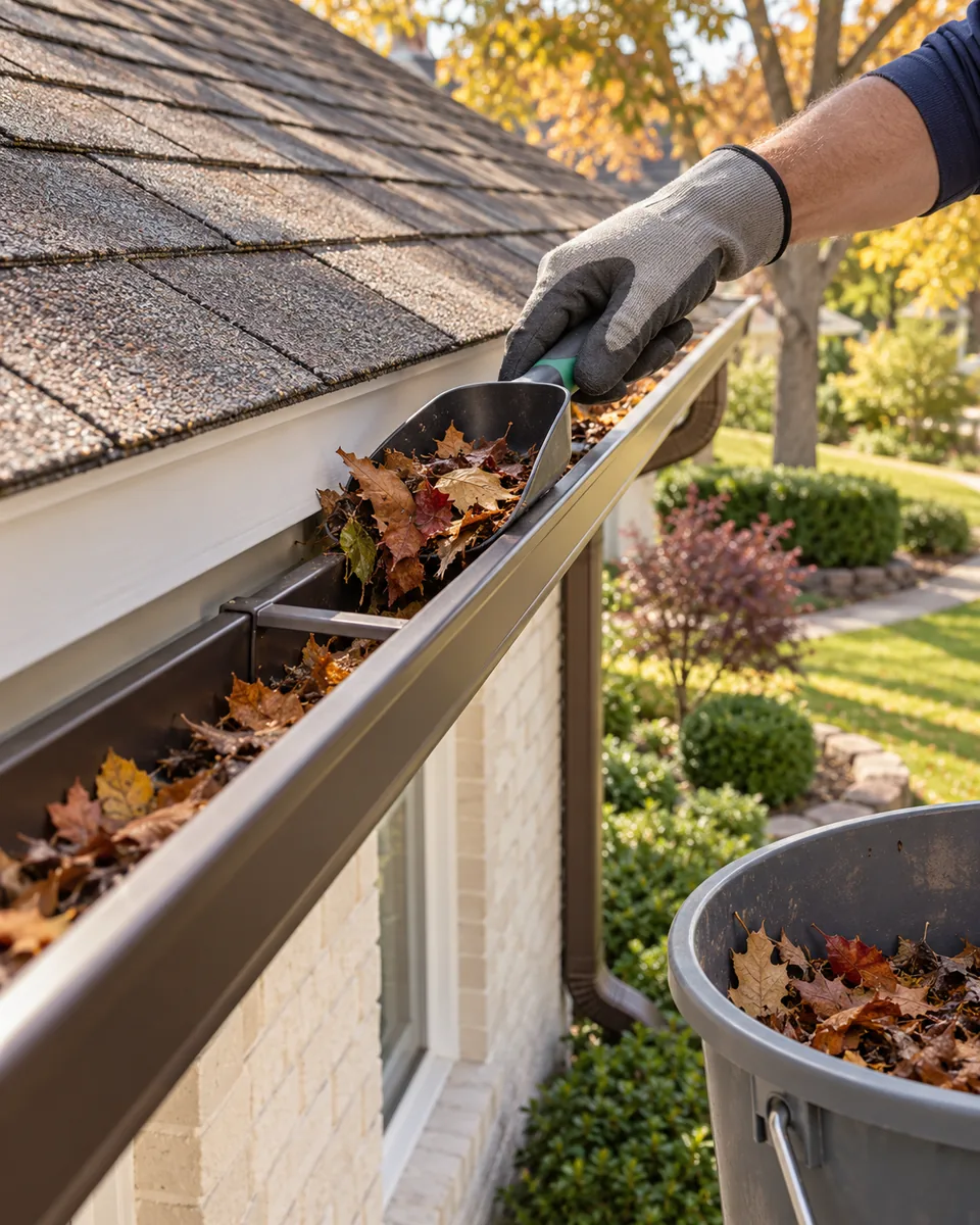 AI-generated illustration of a gloved hand clearing leaves from a gutter