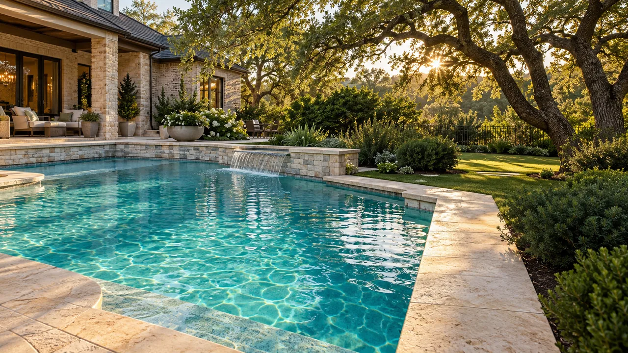 AI-generated illustration of a clear turquoise backyard pool with limestone coping