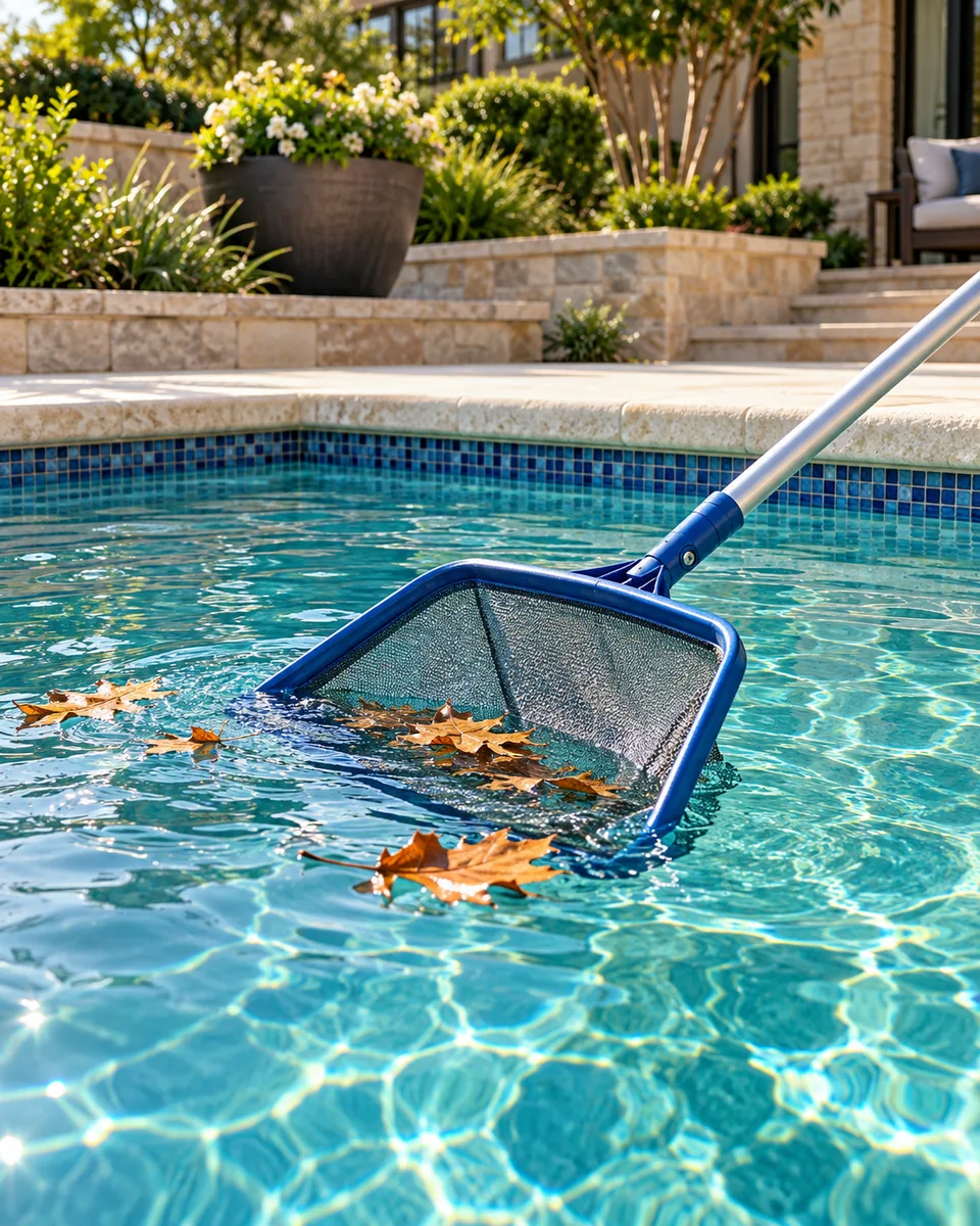 AI-generated illustration of a pool skimmer collecting leaves from clear water