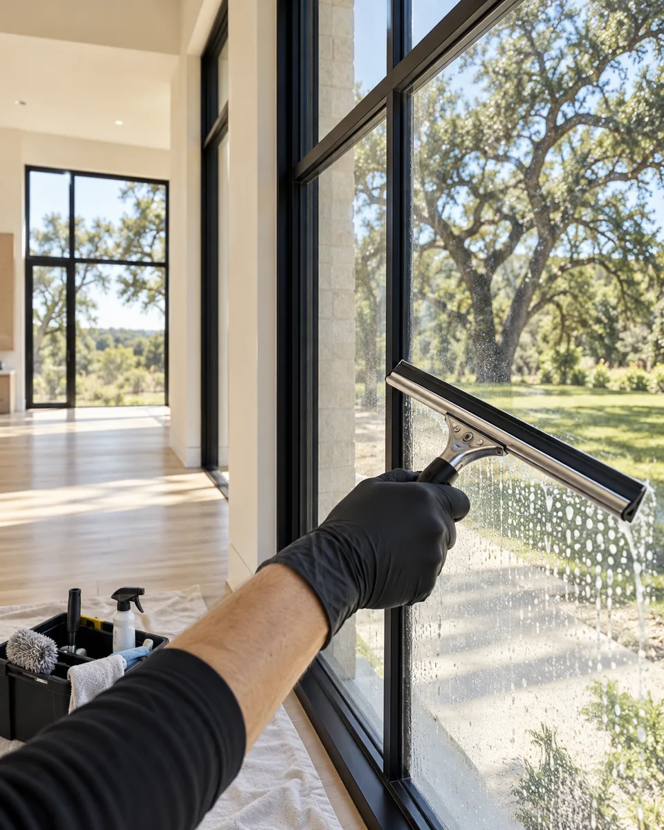AI-generated illustration of detailed window cleaning in a newly finished home